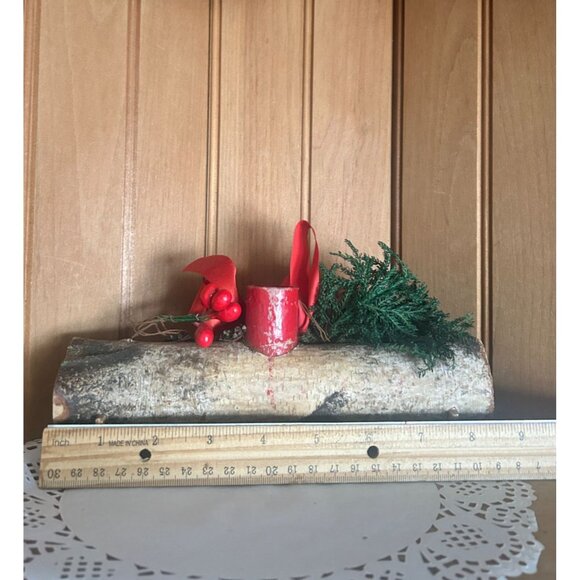 Vintage Rustic Birch Log Candle Holder Pinecone Red Ribbon & Berry Accents 12" L - Picture 3 of 5